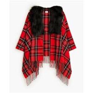 J. Crew Red Plaid Cape with Black Faux Fur